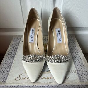AUTH Jimmy Choo - Romy Crystal Tiara Ivory Satin Pumps - Size 38